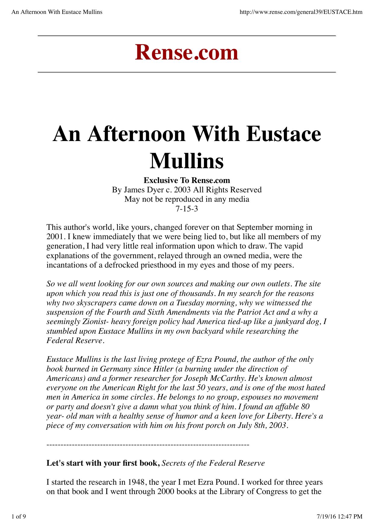 An Afternoon With Eustace Mullins by mainframe