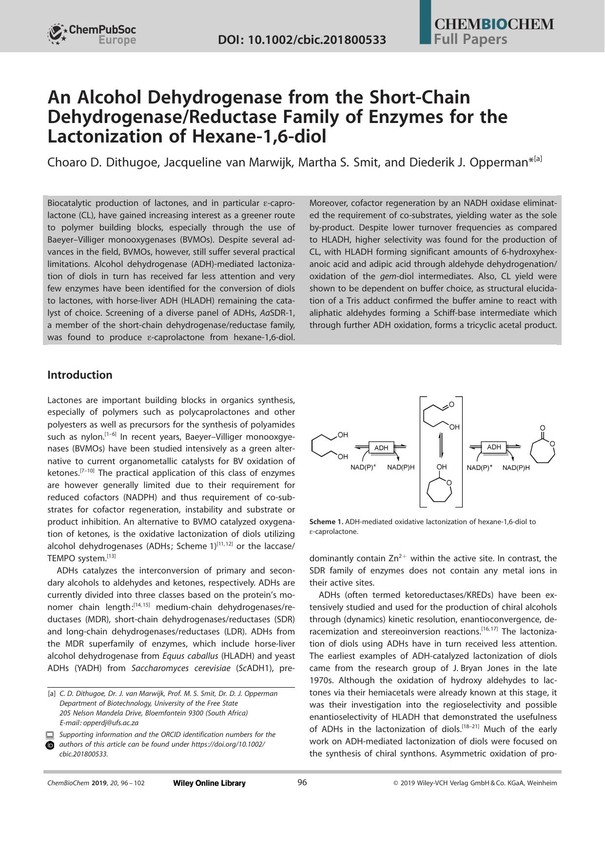 An Alcohol Dehydrogenase from the ShortâChain DehydrogenaseReductase Family of Enzymes for the Lactonization of Hexaneâ1,6âdiol by Unknown