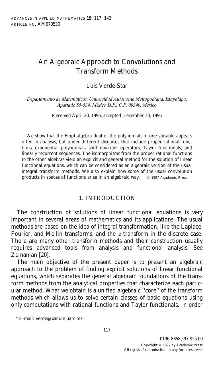 An Algebraic Approach to Convolutions and Transform Methods by Verde-Star L