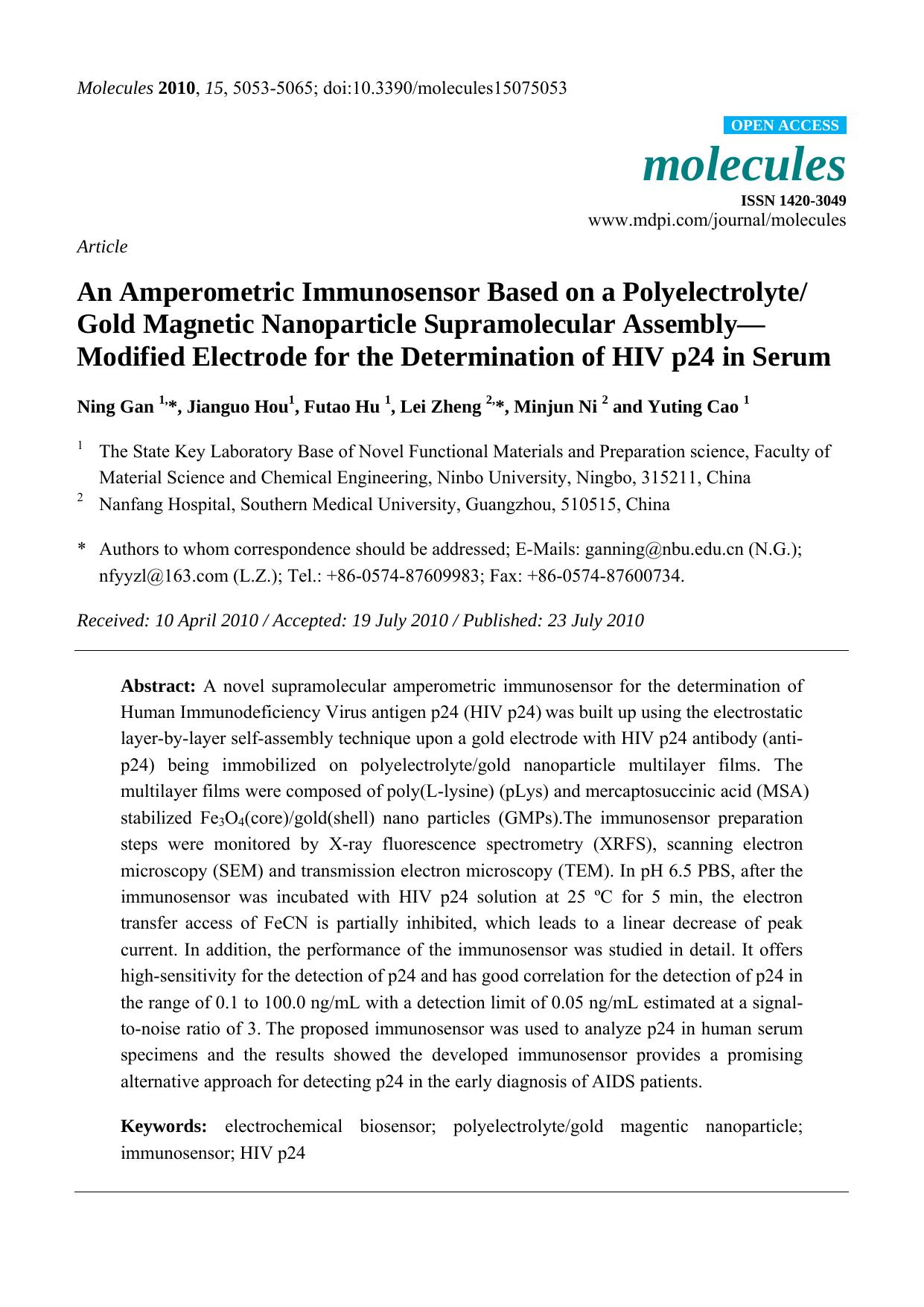 An Amperometric Immunosensor Based on a Polyelectrolyte Gold Magnetic Nanoparticle Supramolecular AssemblyâModified Electrode for the Determination of HIV p24 in Serum by Ning Gan & Jianguo Hou & Futao Hu & Lei Zheng & Minjun Ni & Yuting Cao