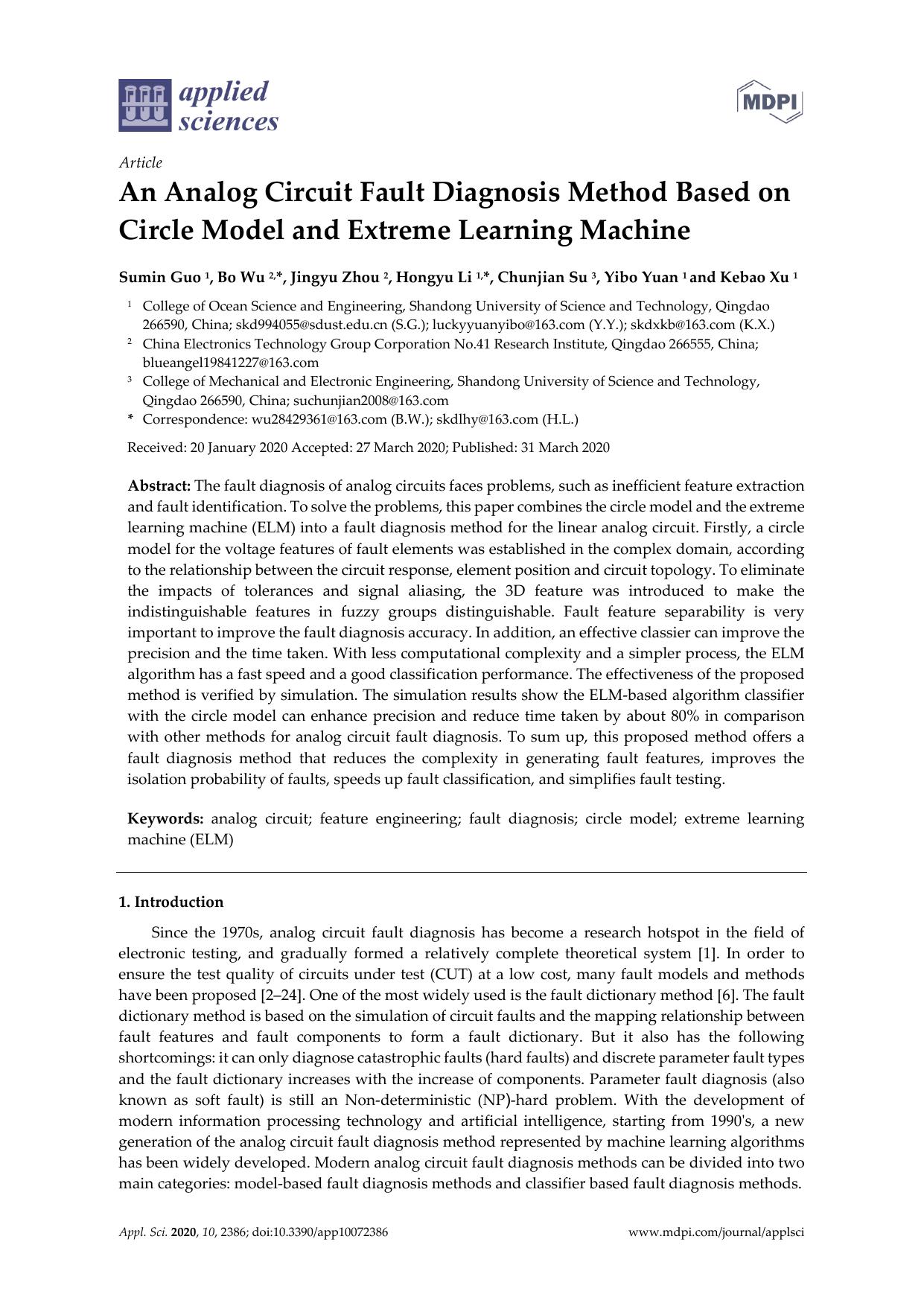An Analog Circuit Fault Diagnosis Method Based on Circle Model and Extreme Learning Machine by Sumin Guo