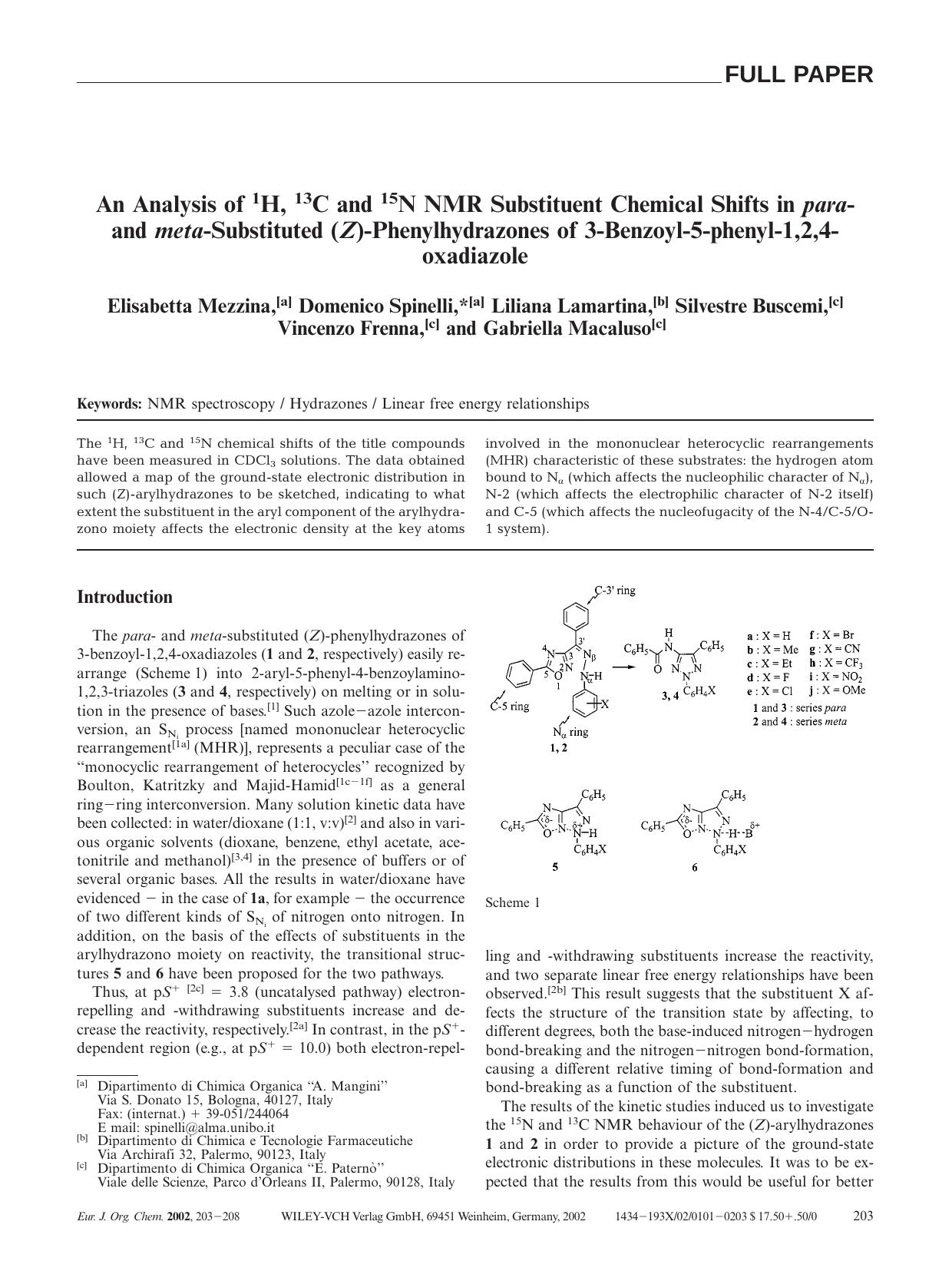 An Analysis of 1H, 13C and 15N NMR Substituent Chemical Shifts in para- and meta-Substituted (Z)-Phenylhydrazones of 3-Benzoyl-5-phenyl-1,2,4-oxadiazole by Unknown