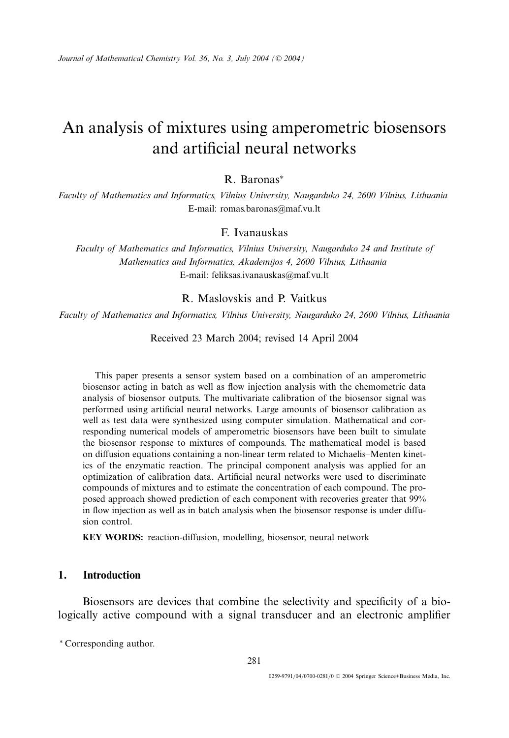 An Analysis of Mixtures Using Amperometric Biosensors and Artificial Neural Networks by Unknown