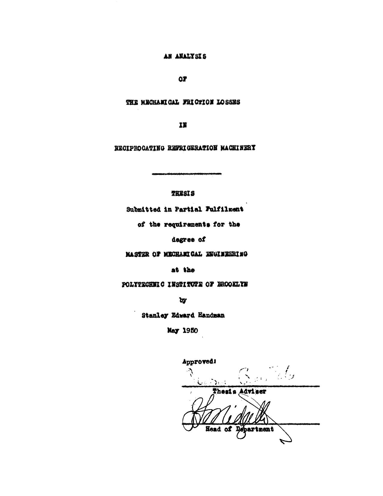 An Analysis of the Mechanical Friction Losses in Reciprocating Refrigeration Machinery by Handman Stanley Edward