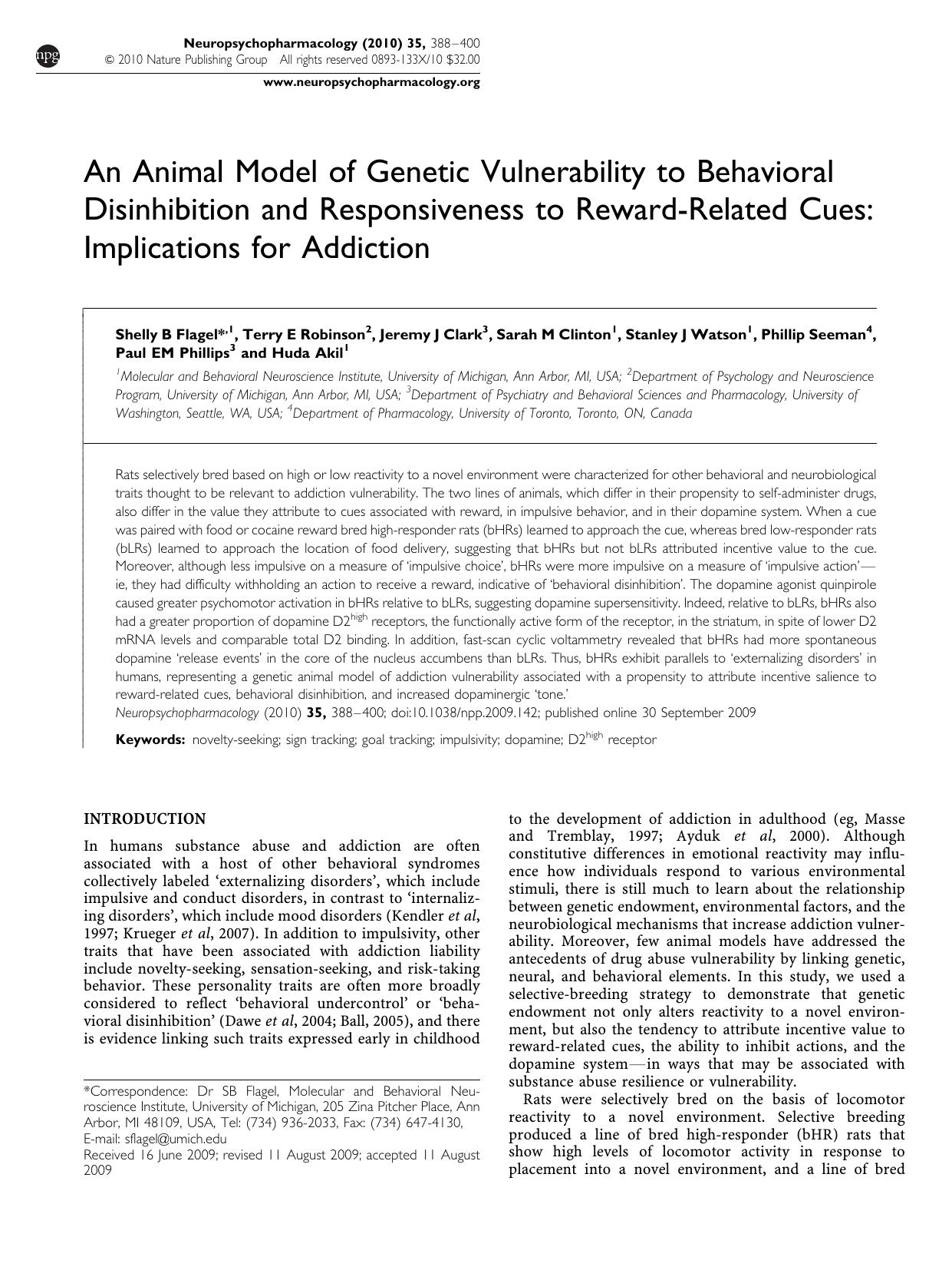 An Animal Model of Genetic Vulnerability to Behavioral Disinhibition and Responsiveness to Reward-Related Cues: Implications for Addiction by unknow