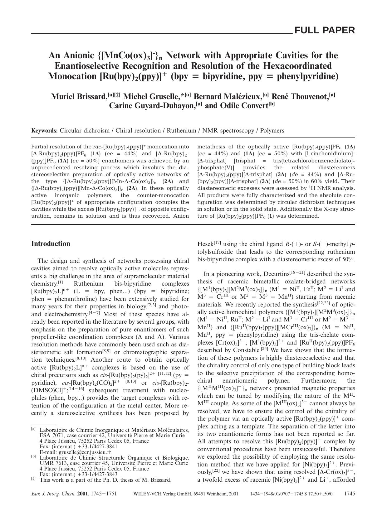 An Anionic {[MnCo(ox)3]-}n Network with Appropriate Cavities for the Enantioselective Recognition and Resolution of the Hexacoordinated Monocation [Ru(bpy)2(ppy)]+ (bpy = bipyridin by Unknown