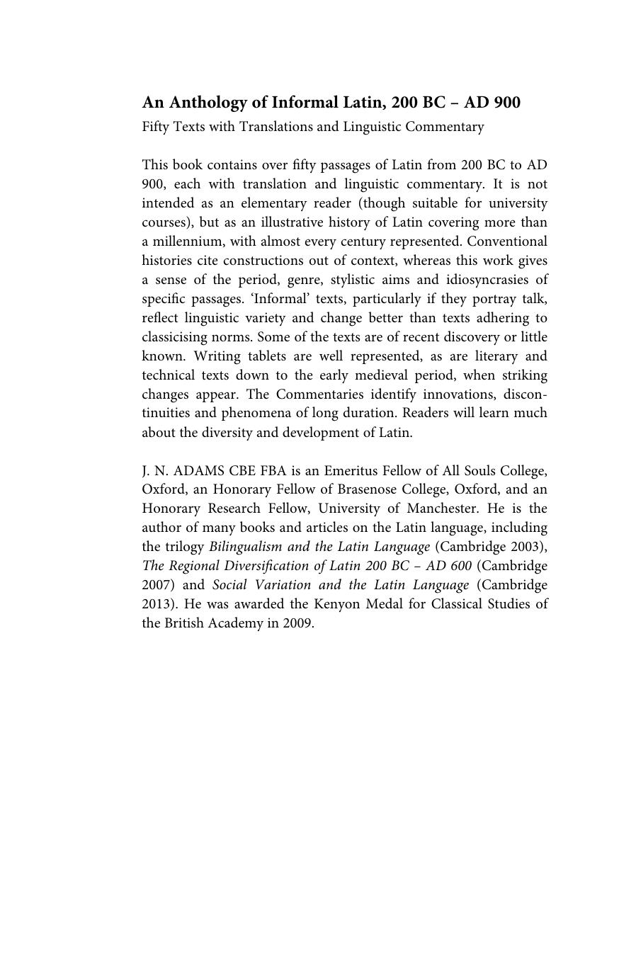 An Anthology of Informal Latin, 200 BCâAD 900 : Fifty Texts with Translations and Linguistic Commentary by James N. Adams