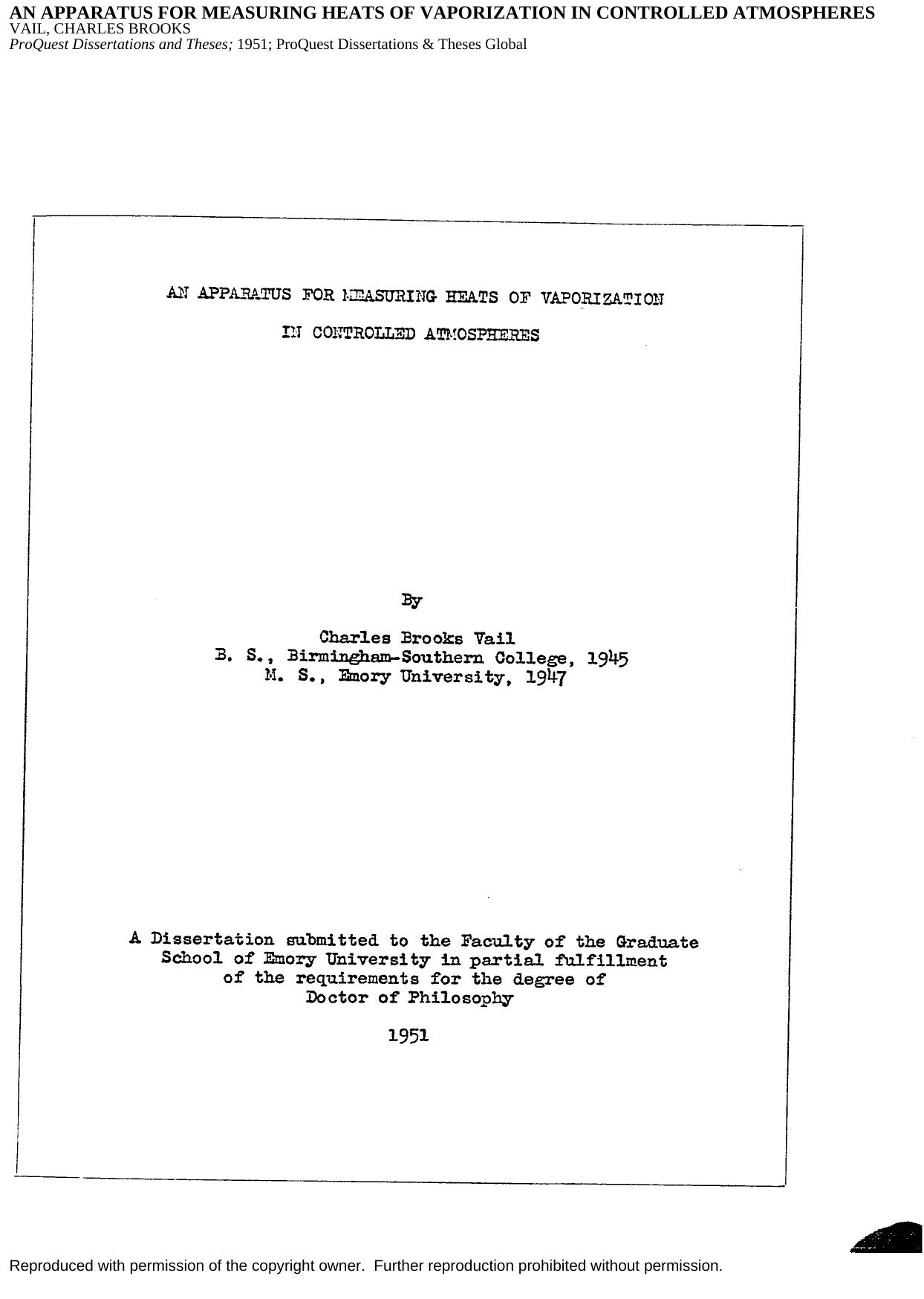 An Apparatus for Measuring Heats of Vaporization in Controlled Atmospheres by Vail Charles Brooks