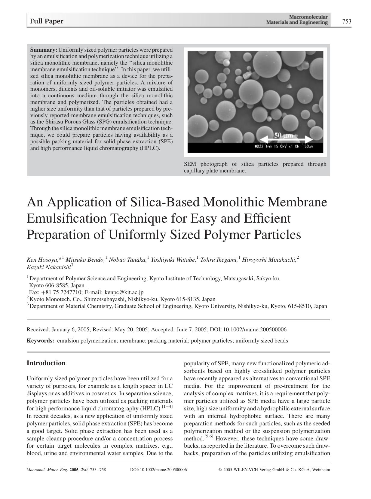An Application of Silica-Based Monolithic Membrane Emulsification Technique for Easy and Efficient Preparation of Uniformly Sized Polymer Particles by Unknown
