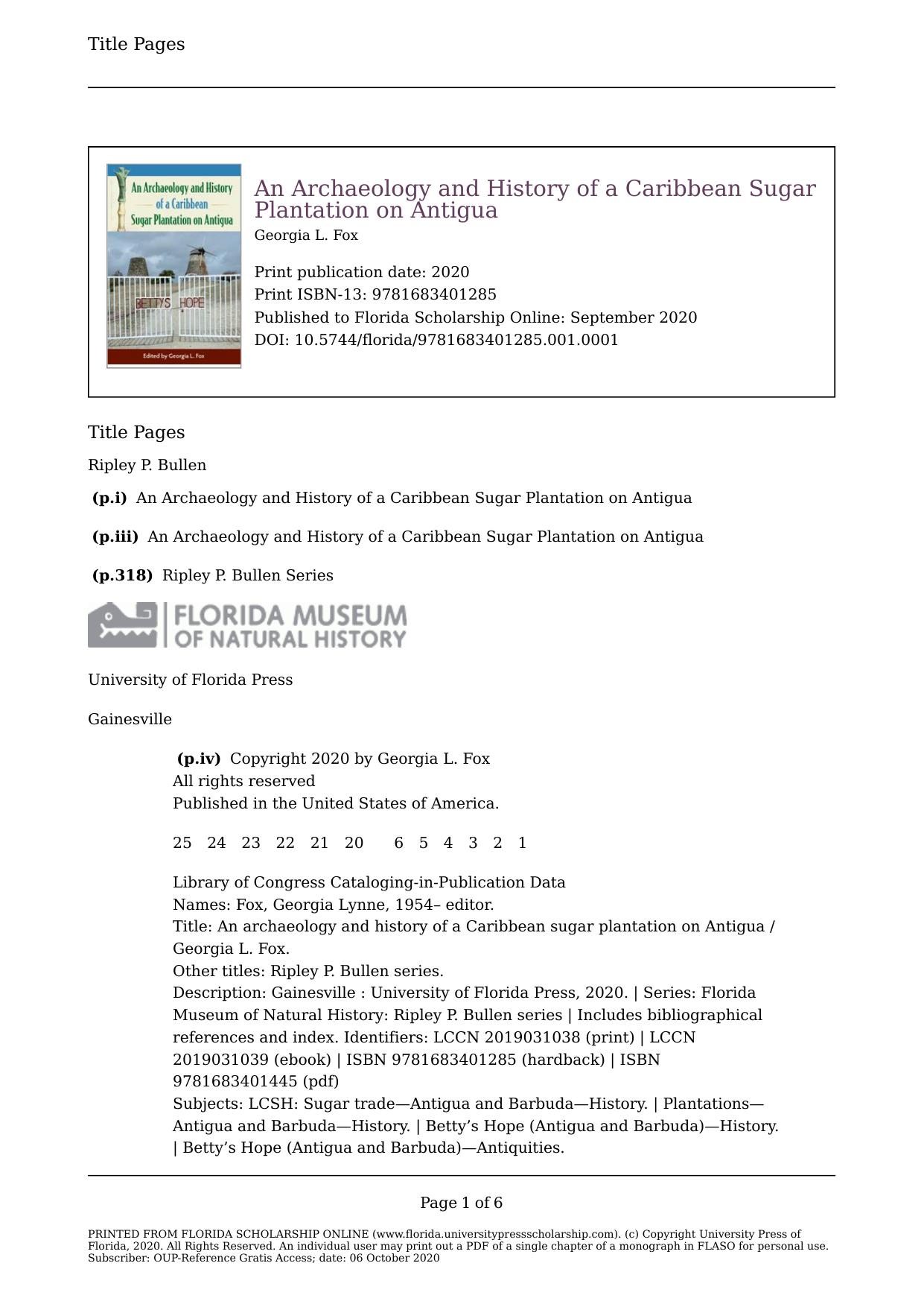 An Archaeology and History of a Caribbean Sugar Plantation on Antigua by Georgia L. Fox (editor)