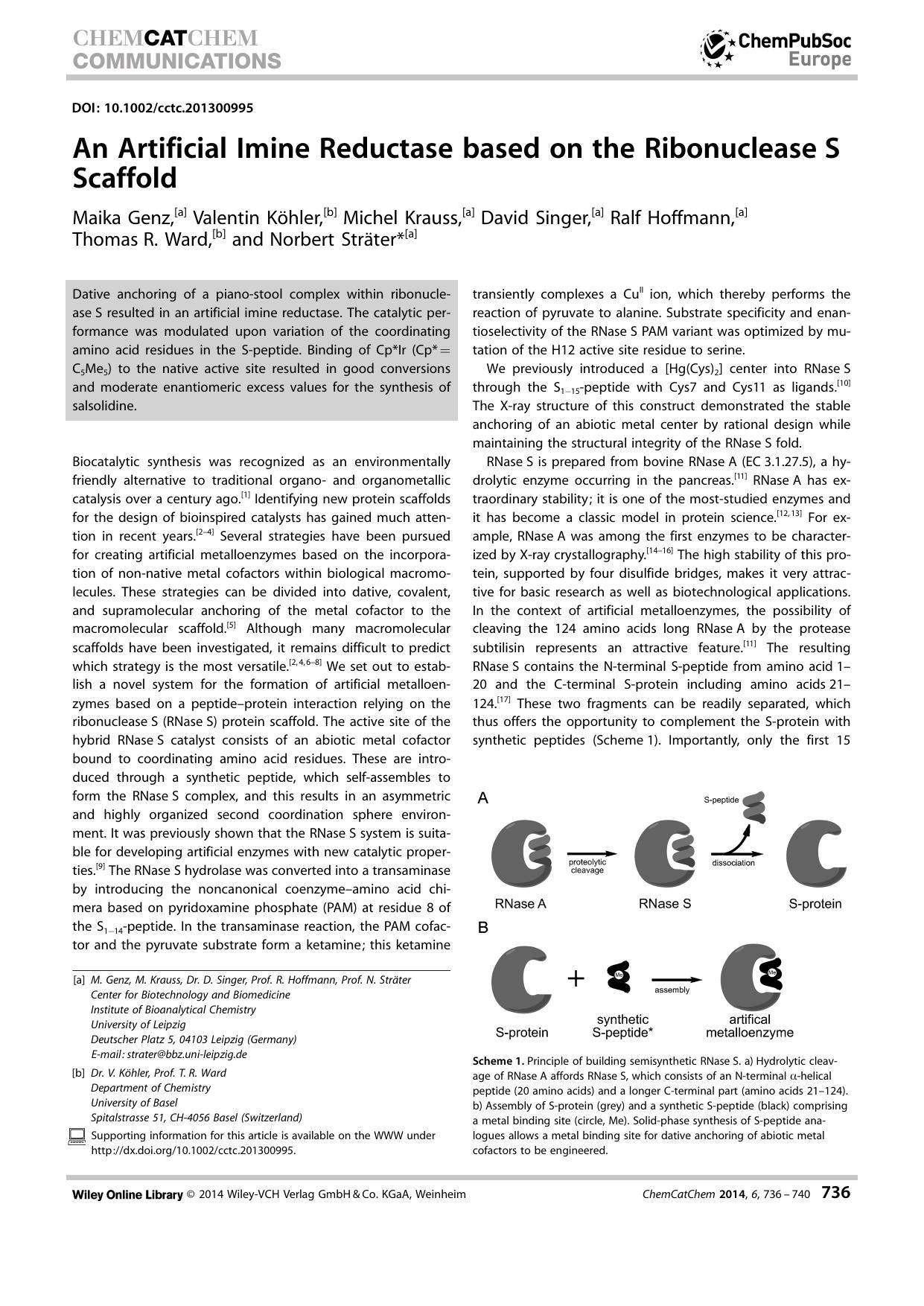 An Artificial Imine Reductase based on the RibonucleaseS Scaffold by Unknown