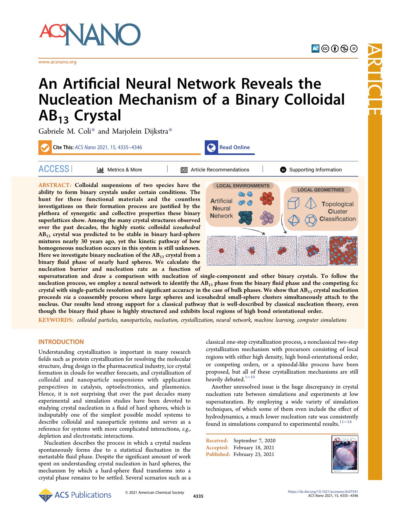 An Artificial Neural Network Reveals the Nucleation Mechanism of a Binary Colloidal AB13 Crystal by Gabriele M. Coli and Marjolein Dijkstra