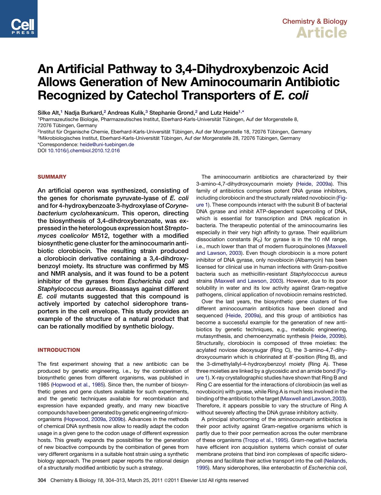 An Artificial Pathway to 3,4-Dihydroxybenzoic Acid Allows Generation of New Aminocoumarin Antibiotic Recognized by Catechol Transporters of E.&nbsp;coli by Silke Alt & Nadja Burkard & Andreas Kulik & Stephanie Grond & Lutz Heide