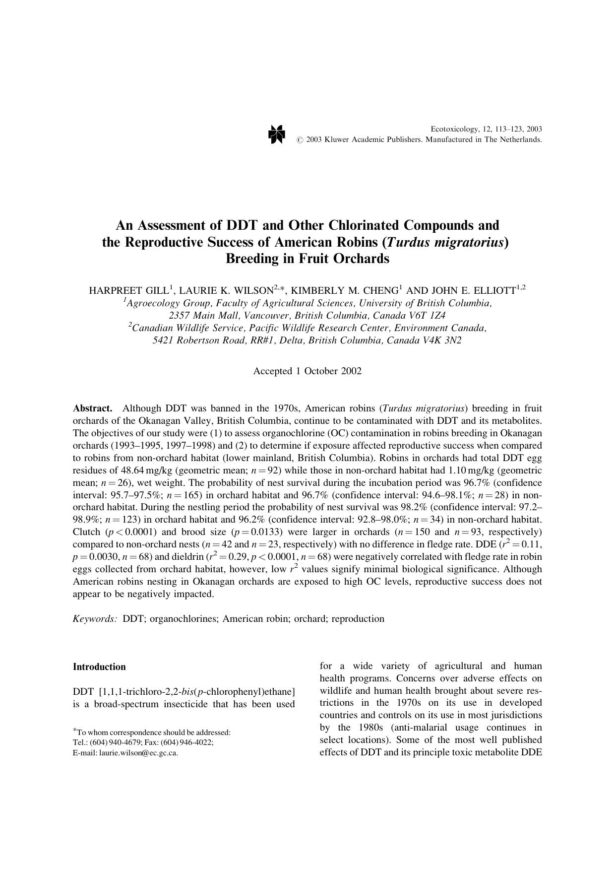 An Assessment of DDT and Other Chlorinated Compounds and the Reproductive Success of American Robins (<Emphasis Type="Italic">Turdus migratorius<Emphasis>) Breeding in Fruit Orchards by Unknown