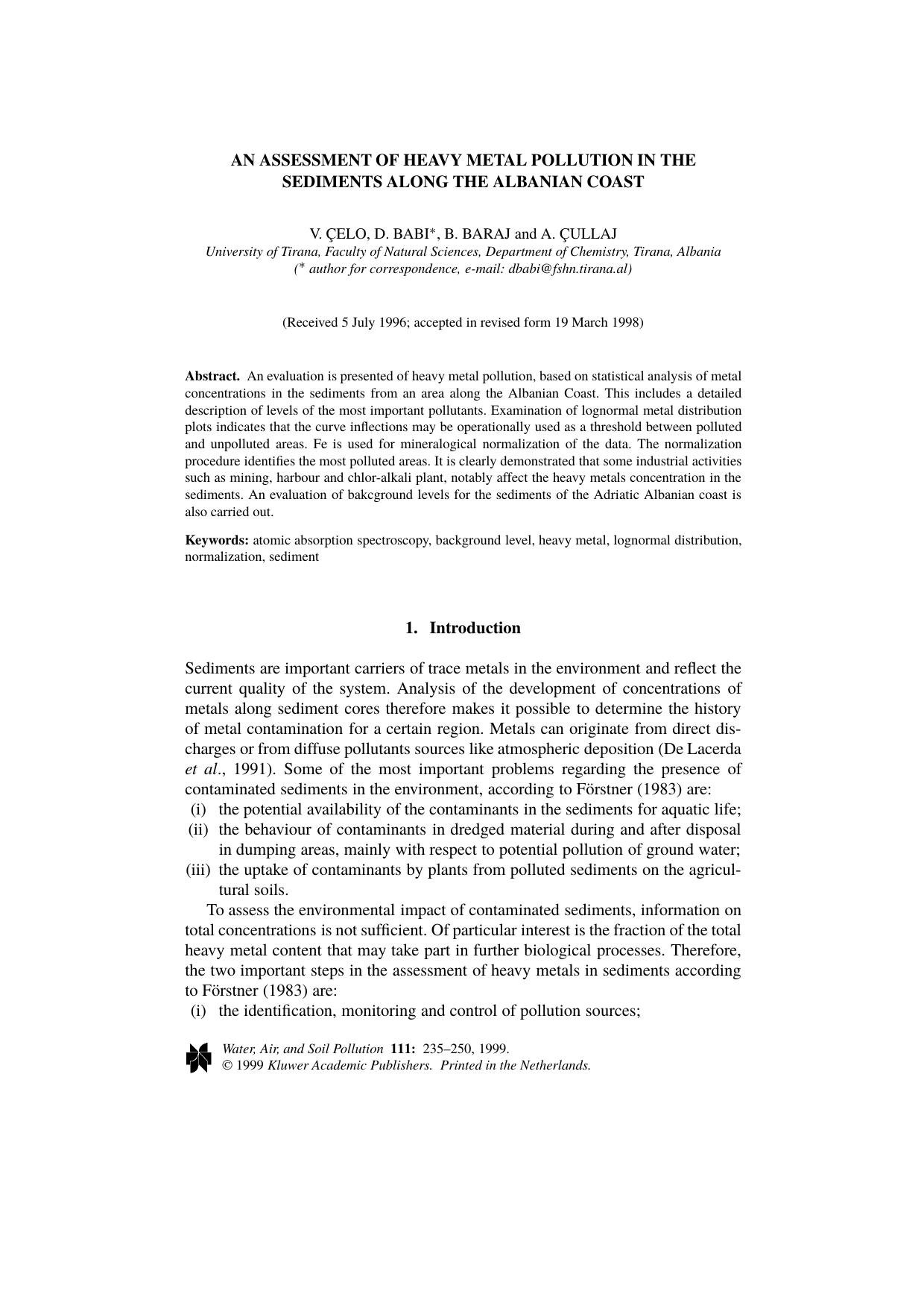 An Assessment of Heavy Metal Pollution in the Sediments Along the Albanian Coast by Unknown
