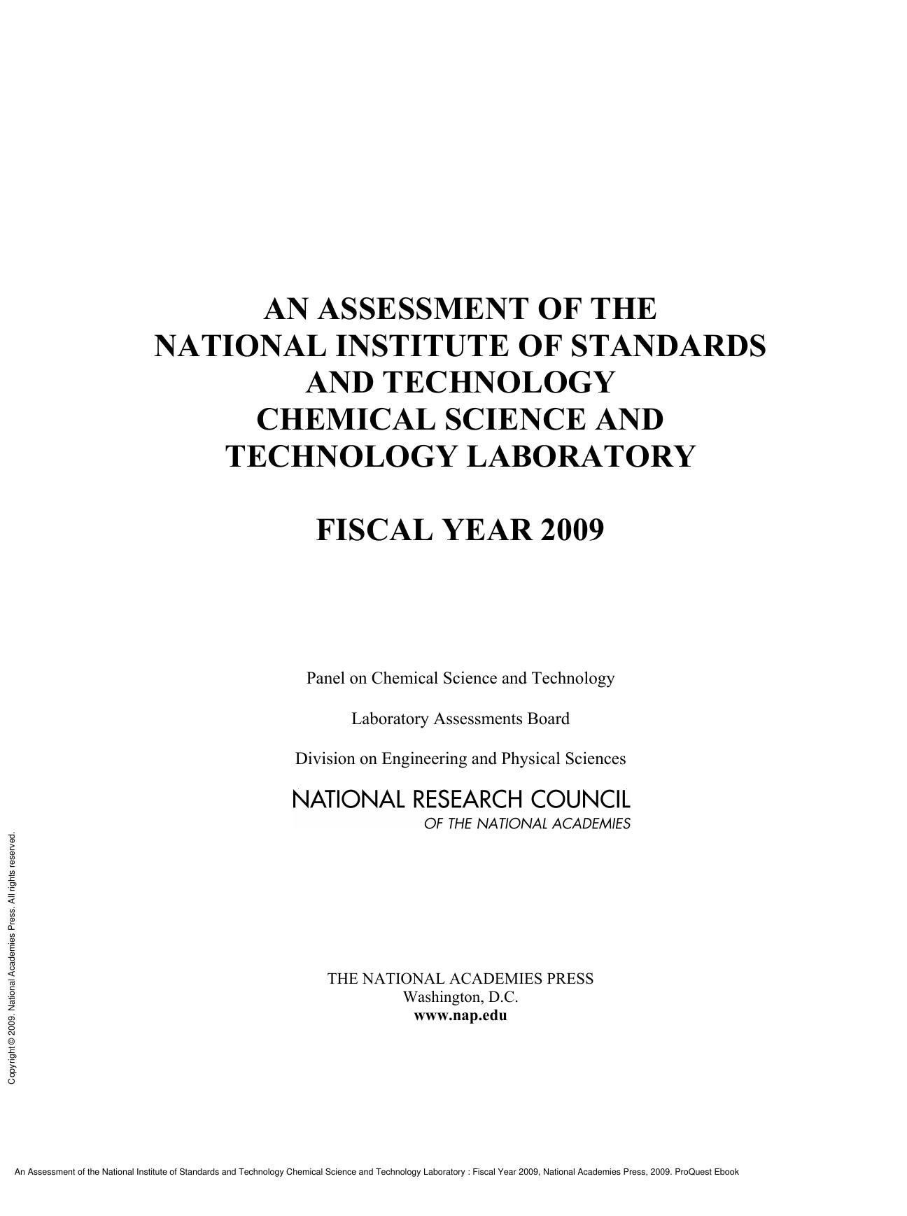 An Assessment of the National Institute of Standards and Technology Chemical Science and Technology Laboratory : Fiscal Year 2009 by unknow