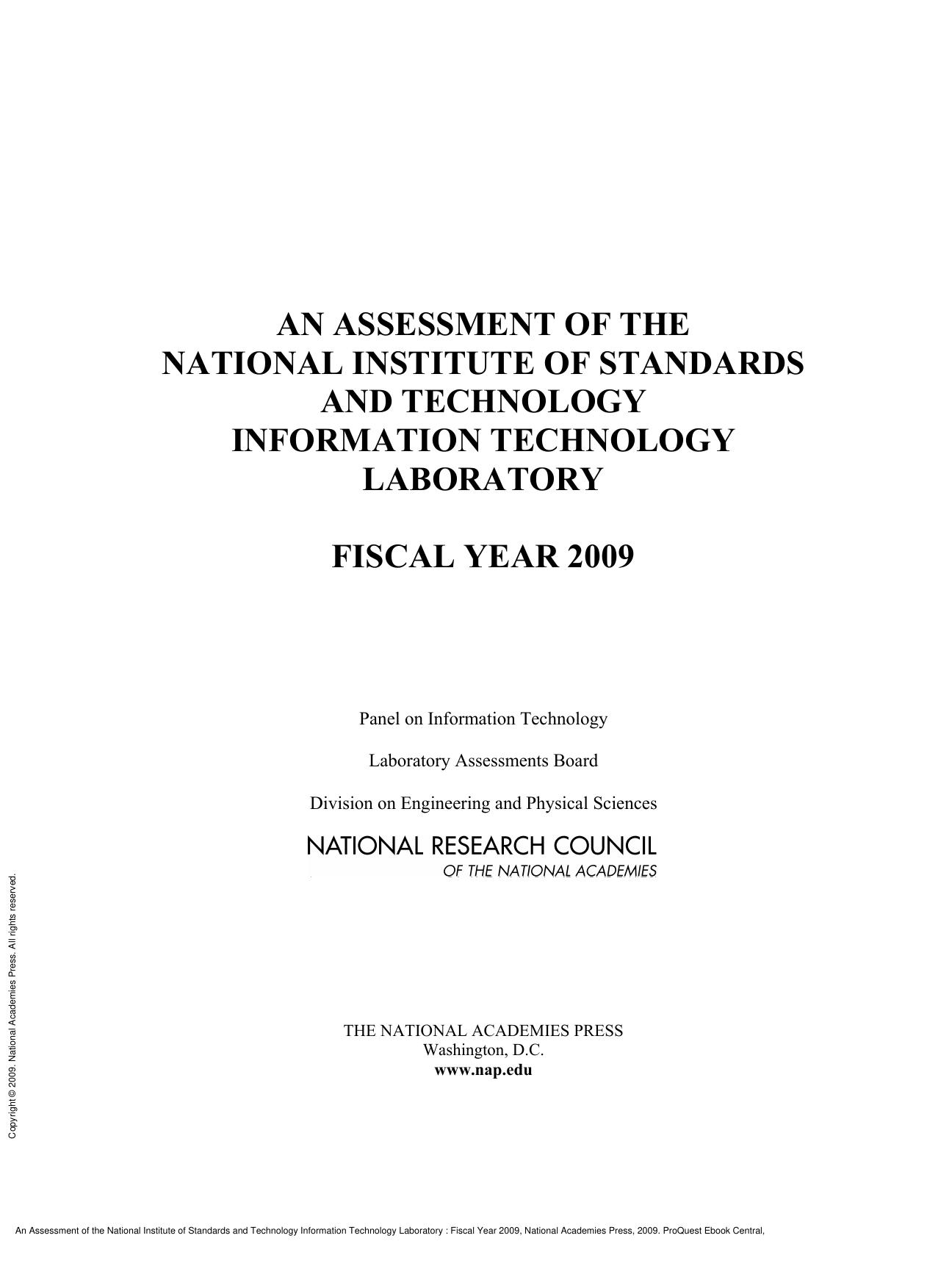 An Assessment of the National Institute of Standards and Technology Information Technology Laboratory : Fiscal Year 2009 by unknow