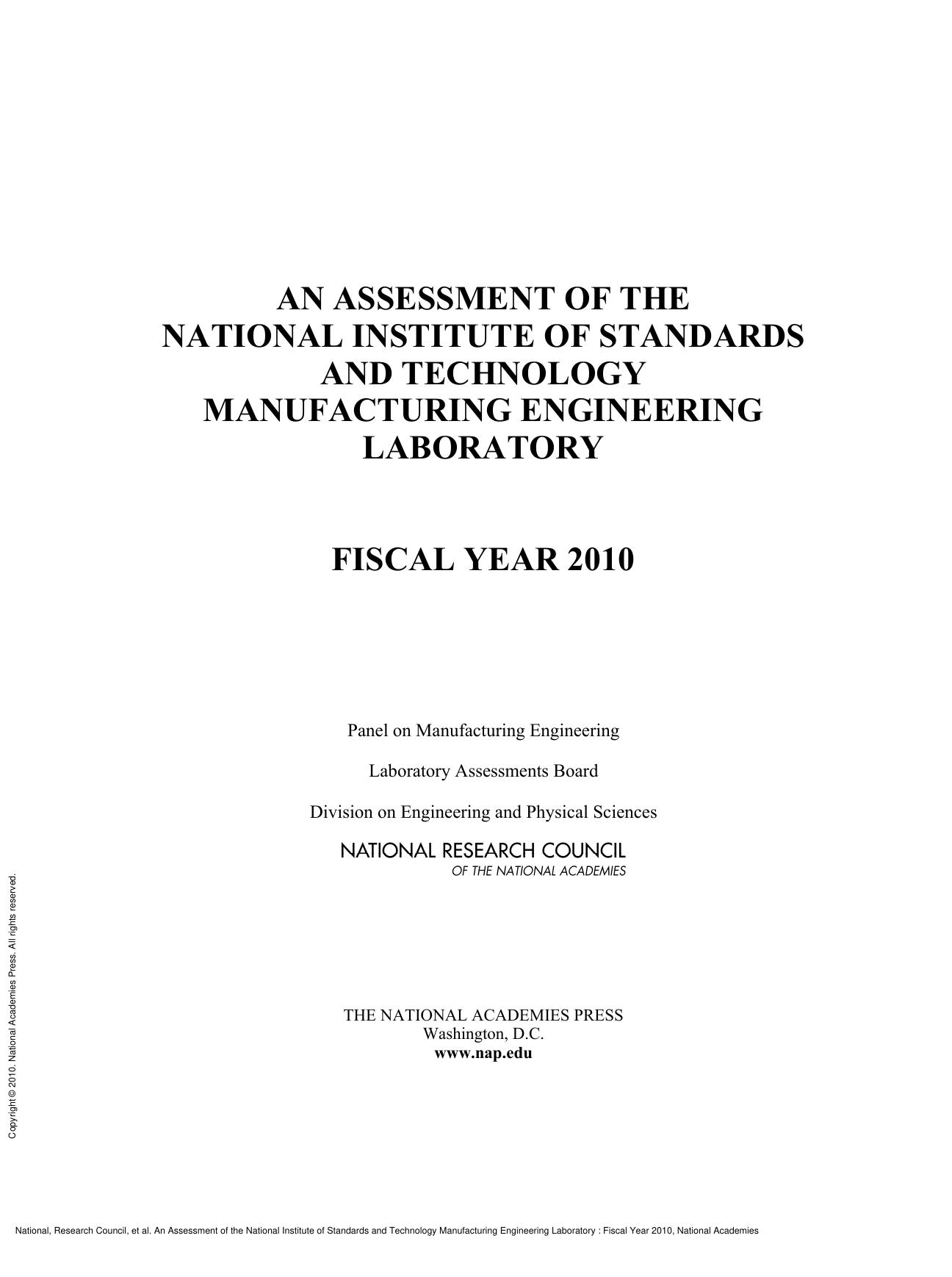 An Assessment of the National Institute of Standards and Technology Manufacturing Engineering Laboratory : Fiscal Year 2010 by unknow