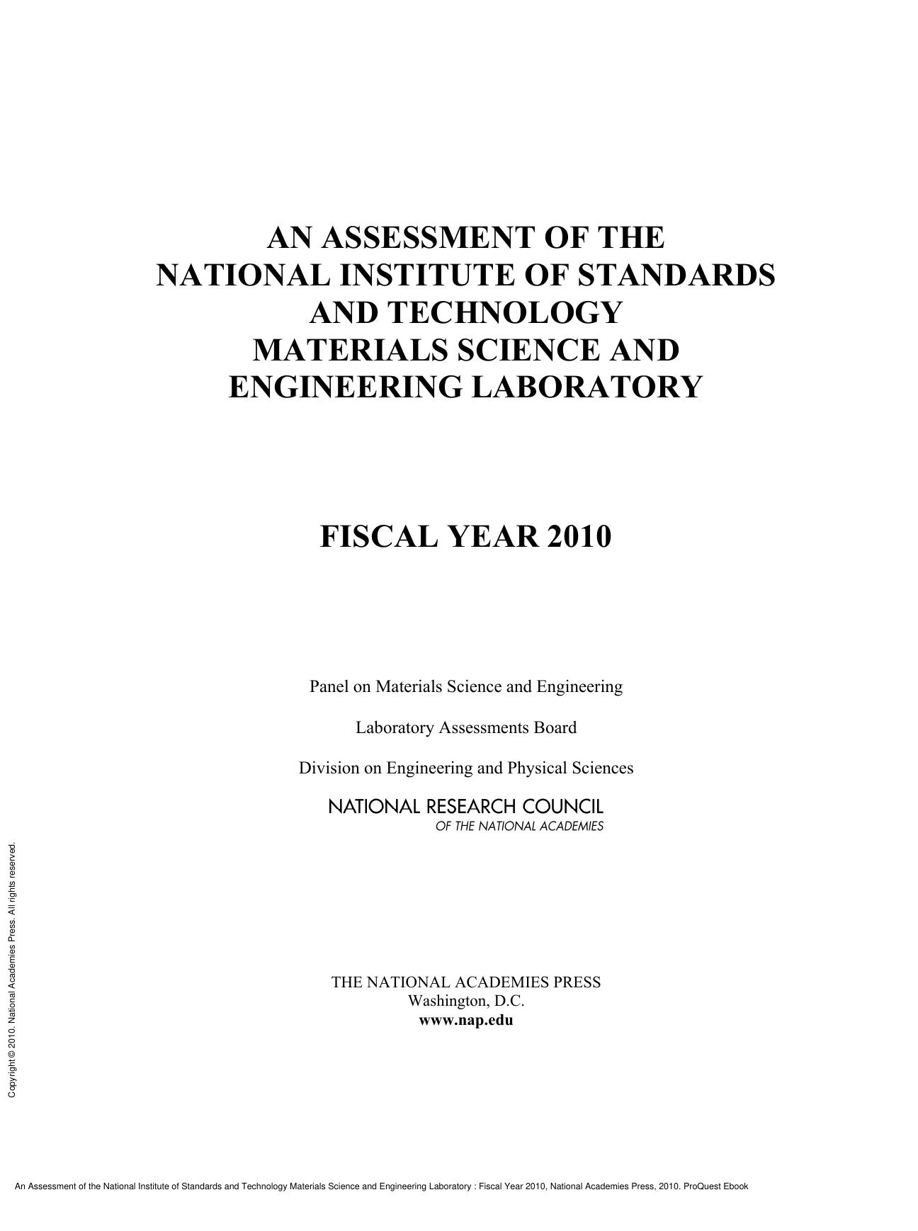 An Assessment of the National Institute of Standards and Technology Materials Science and Engineering Laboratory : Fiscal Year 2010 by unknow