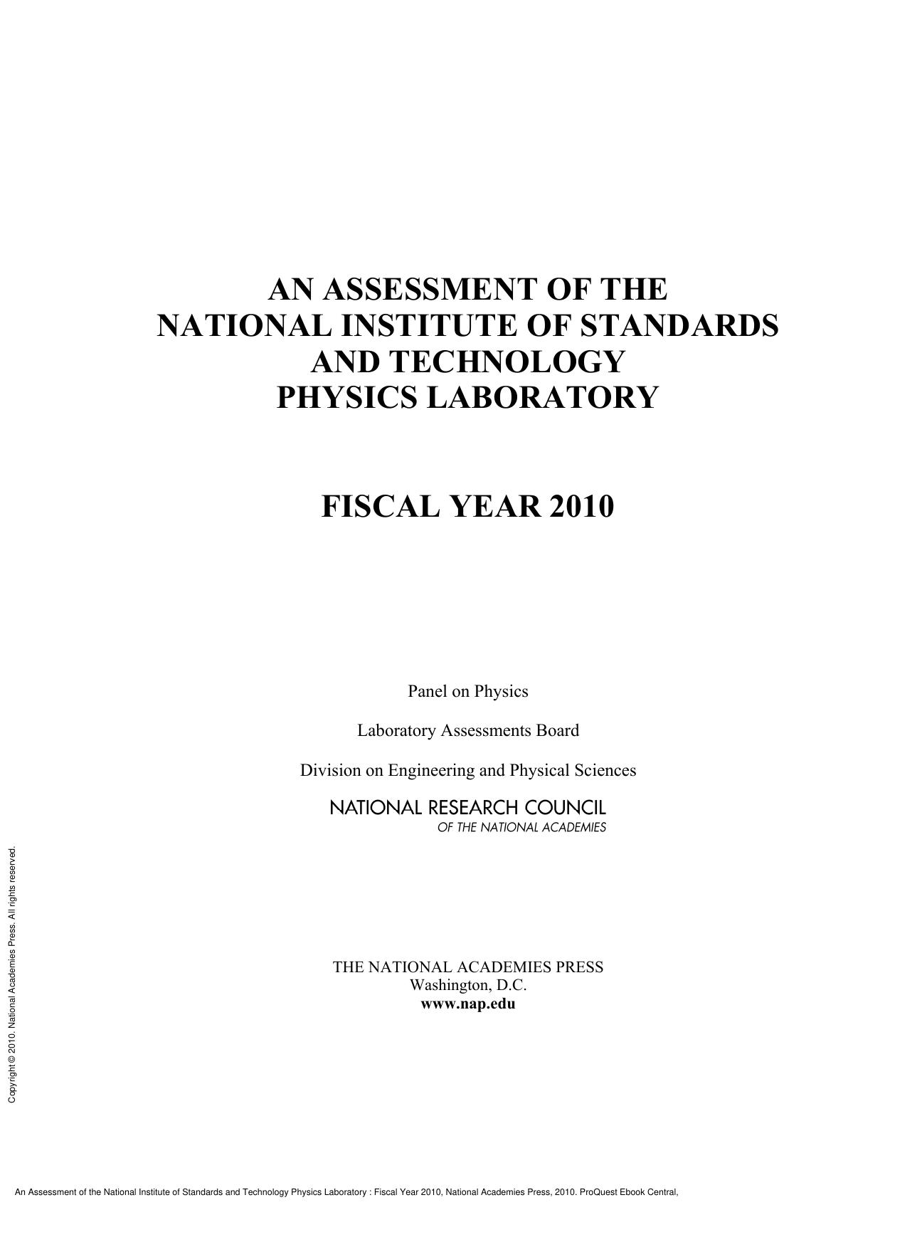 An Assessment of the National Institute of Standards and Technology Physics Laboratory : Fiscal Year 2010 by unknow