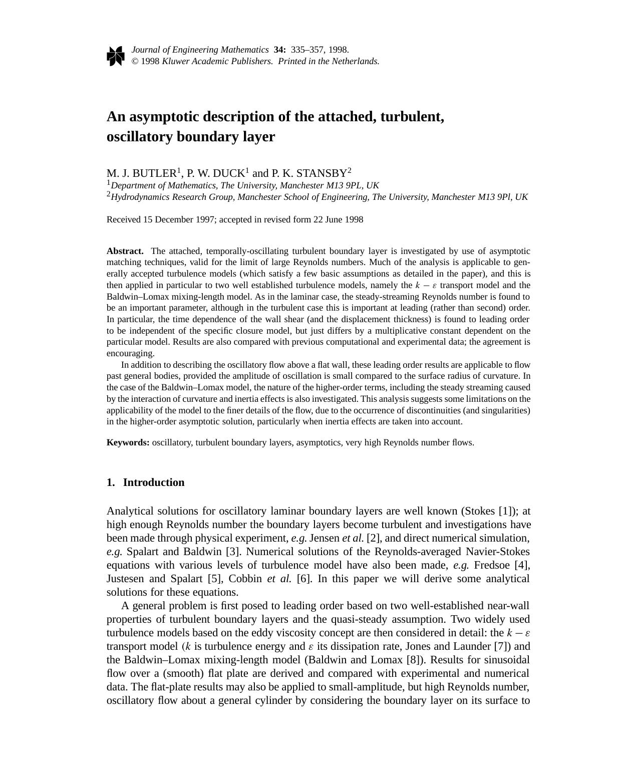An Asymptotic Description of the Attached, Turbulent, Oscillatory Boundary Layer by Unknown