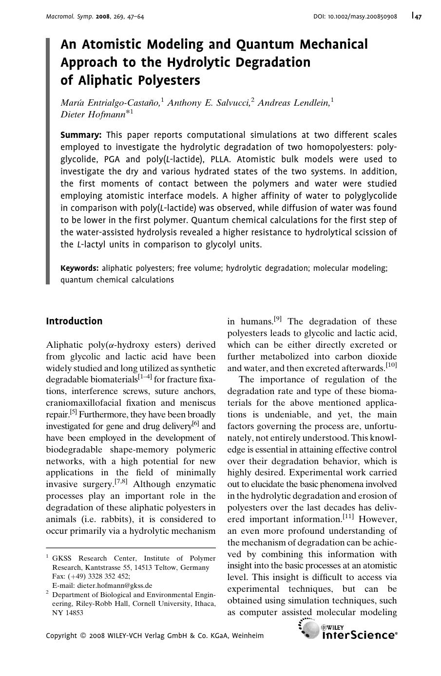 An Atomistic Modeling and Quantum Mechanical Approach to the Hydrolytic Degradation of Aliphatic Polyesters by Unknown