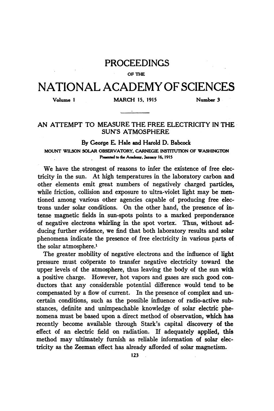 An Attempt to Measure the Free Electricity in the Suns Atmosphere by Hale G. E. Babcock H. D