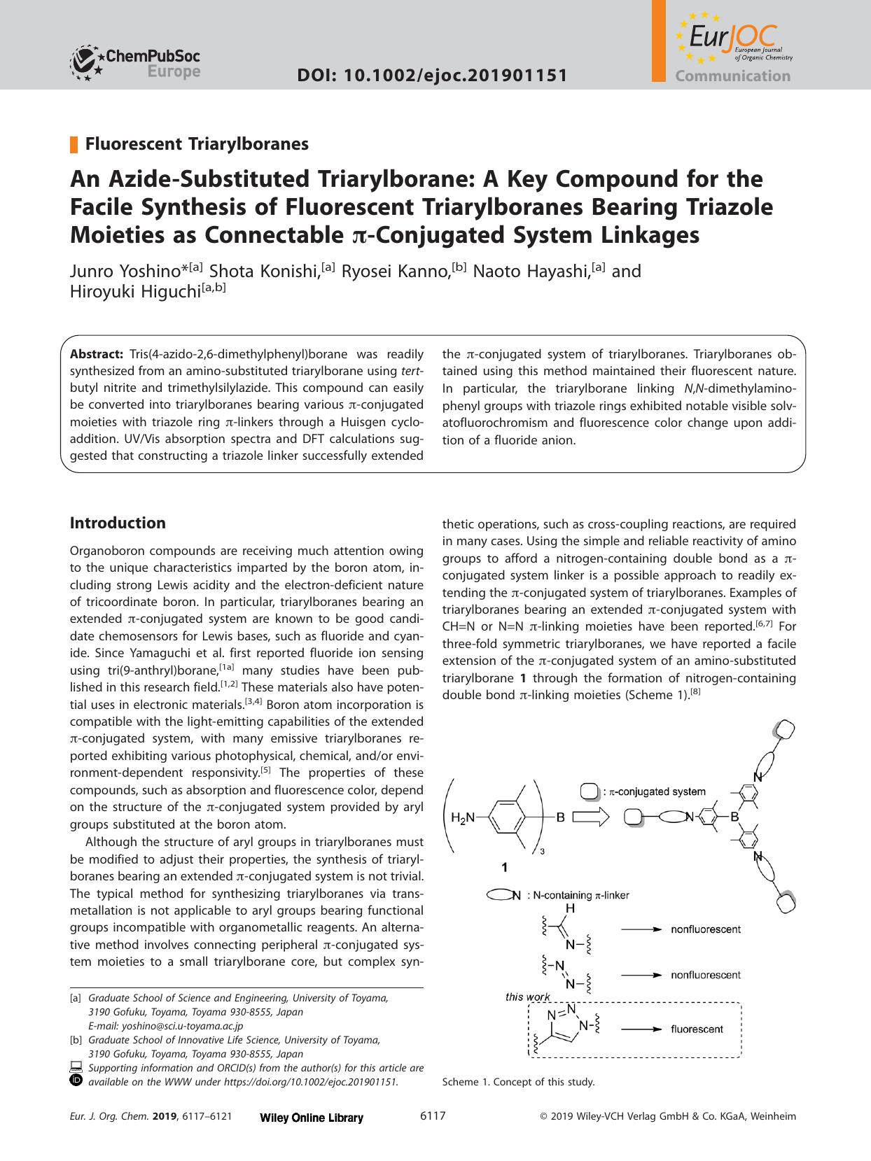 An Azide&#x02010;Substituted Triarylborane: A Key Compound for the Facile Synthesis of Fluorescent Triarylboranes Bearing Triazole Moieties as Connectable &#x003C0;&#x02010;Conjugated System Linkages by Unknown