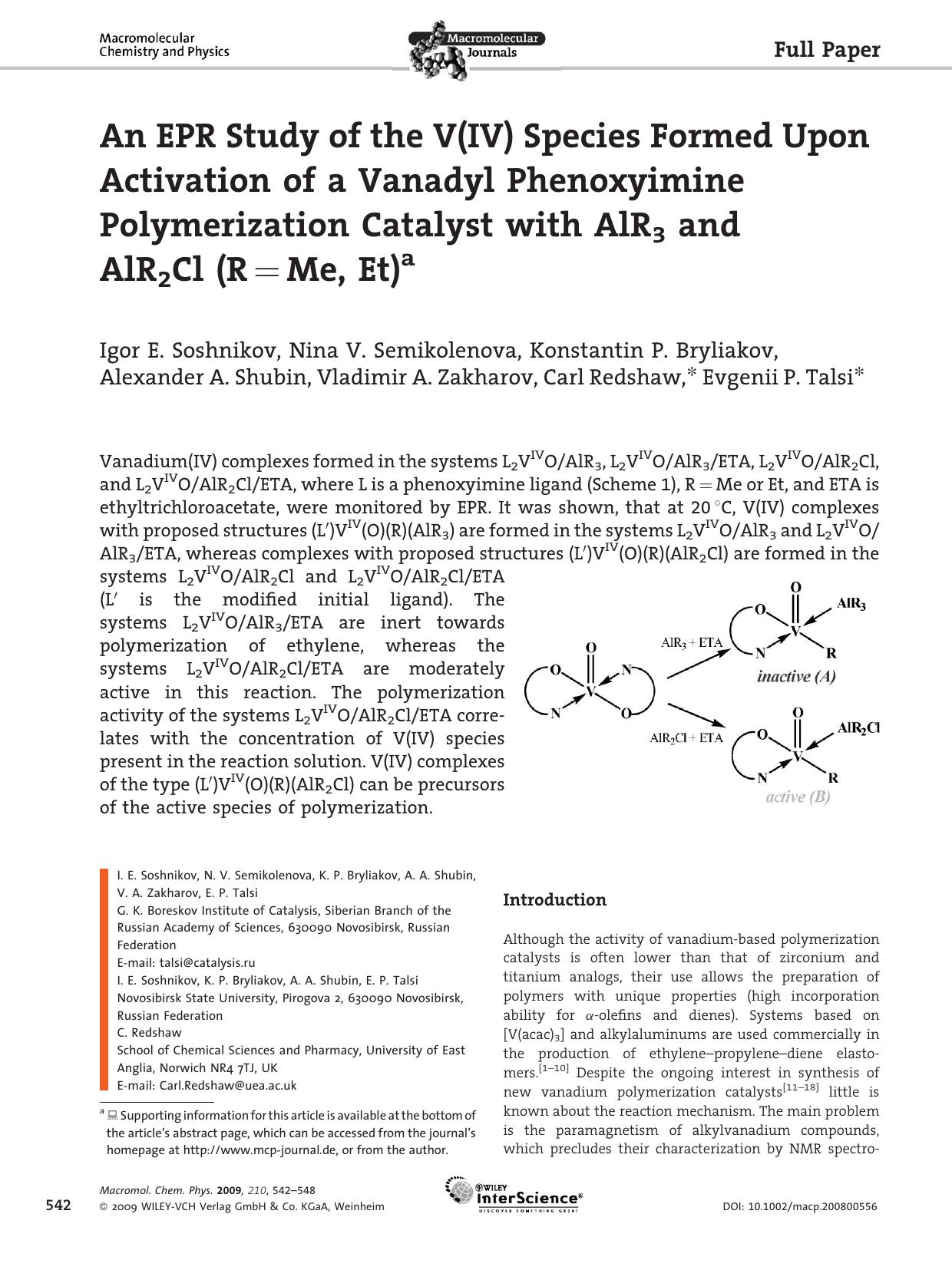 An EPR Study of the V(IV) Species Formed Upon Activation of a Vanadyl Phenoxyimine Polymerization Catalyst with AlR3 and AlR2Cl (R[thinsp][equals][thinsp]Me, Et) by Unknown