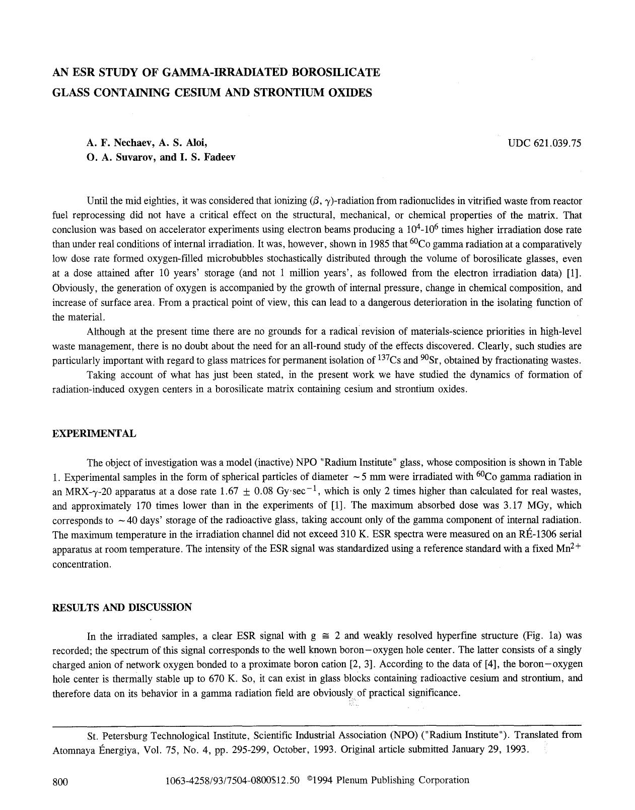 An ESR study of gamma-irradiated borosilicate glass containing cesium and strontium oxides by Unknown