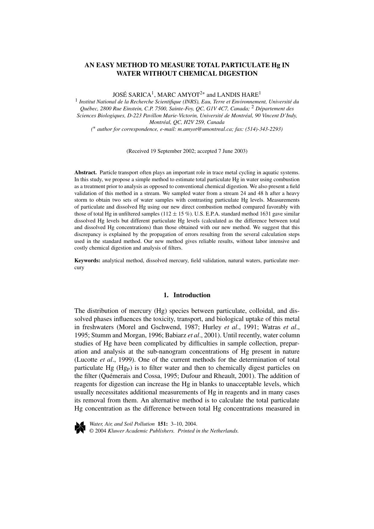 An Easy Method to Measure Total Particulate Hg in Water Without Chemical Digestion by Unknown