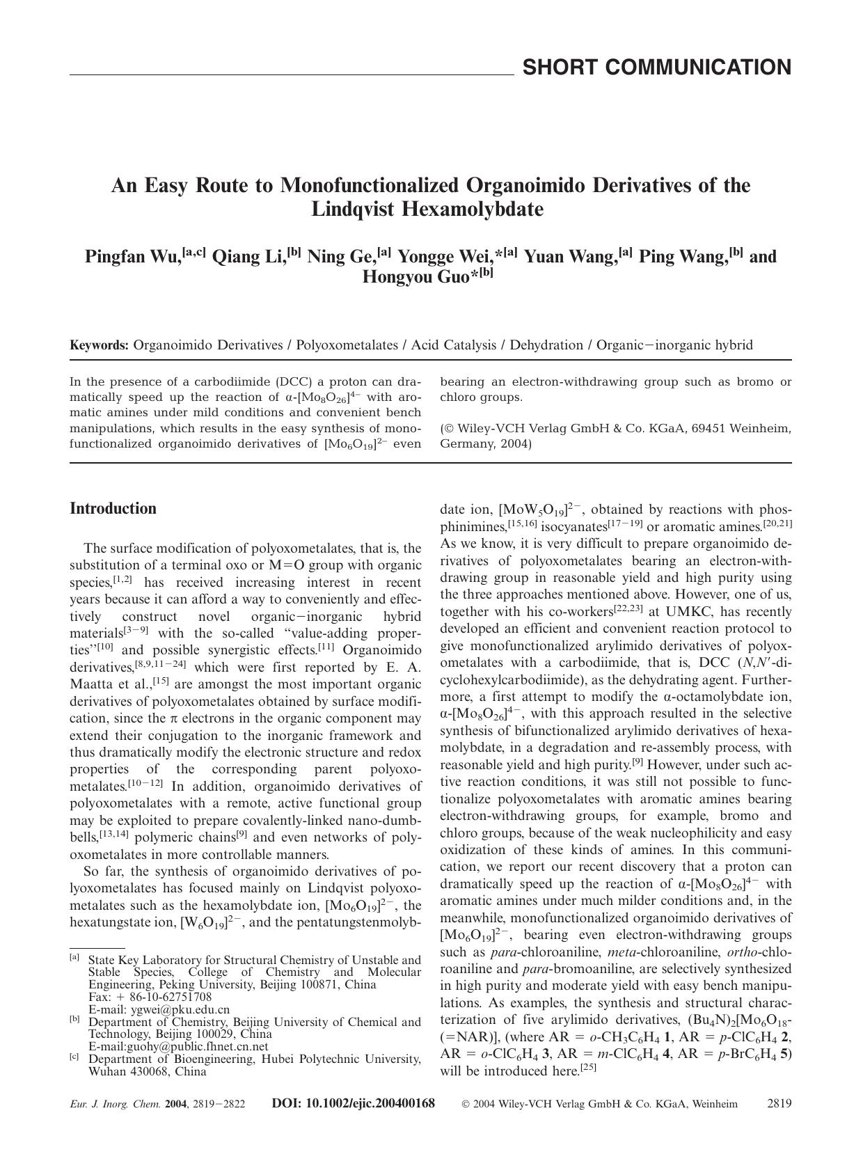 An Easy Route to Monofunctionalized Organoimido Derivatives of the Lindqvist Hexamolybdate by Unknown