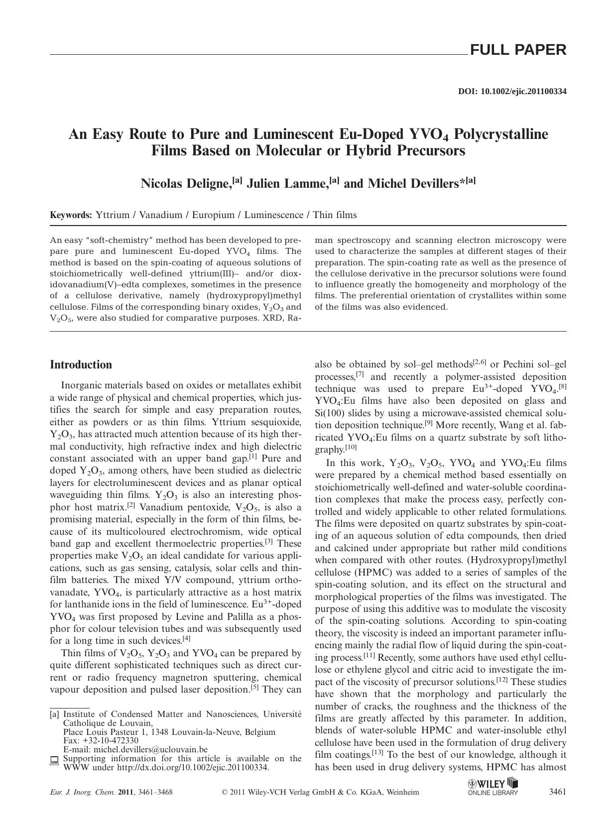An Easy Route to Pure and Luminescent EuDoped YVO4 Polycrystalline Films Based on Molecular or Hybrid Precursors by Unknown