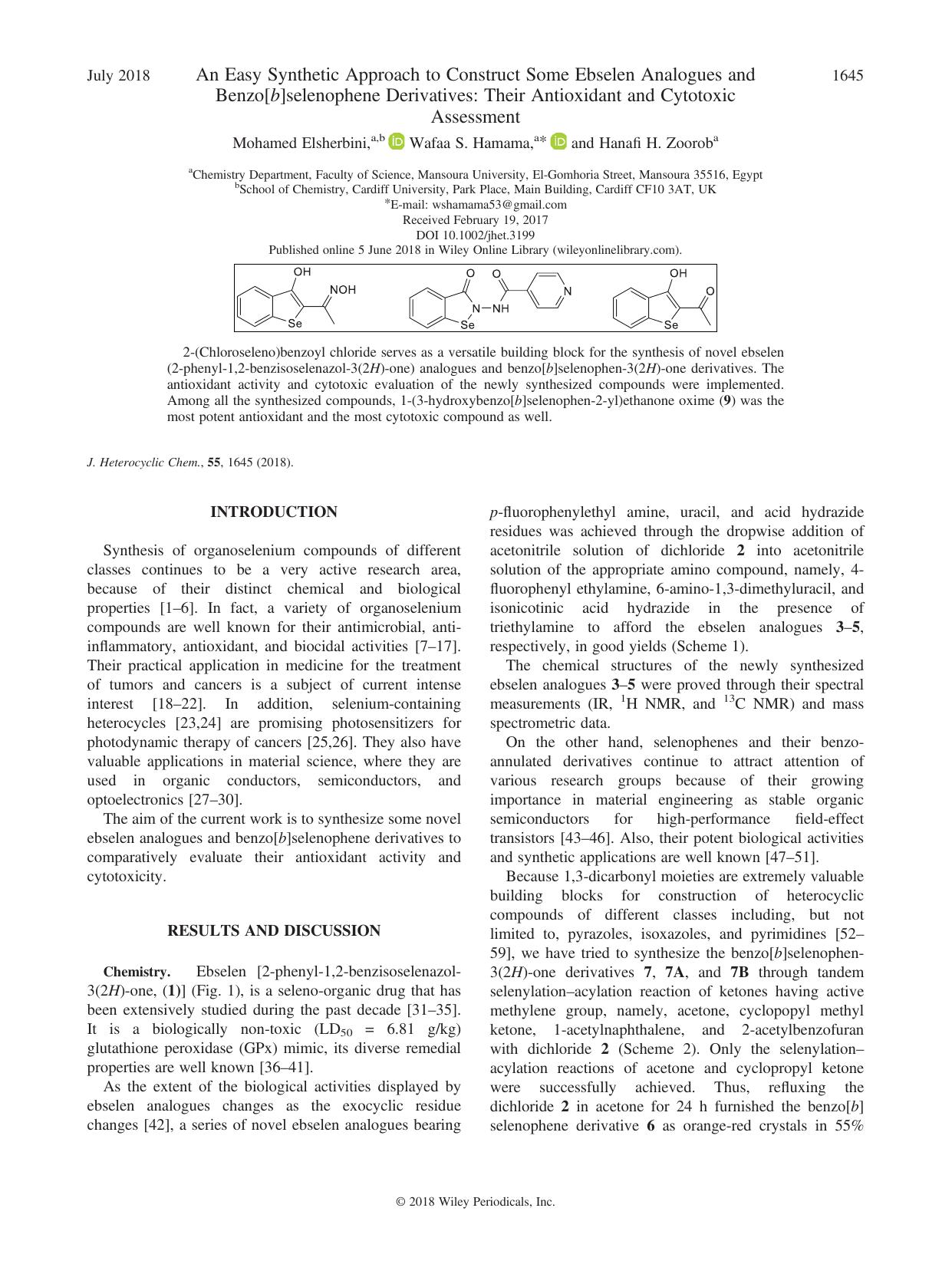 An Easy Synthetic Approach to Construct Some Ebselen Analogues and Benzo[b]selenophene Derivatives: Their Antioxidant and Cytotoxic Assessment by Mohamed Elsherbini Wafaa S. Hamama Hanafi H. Zoorob