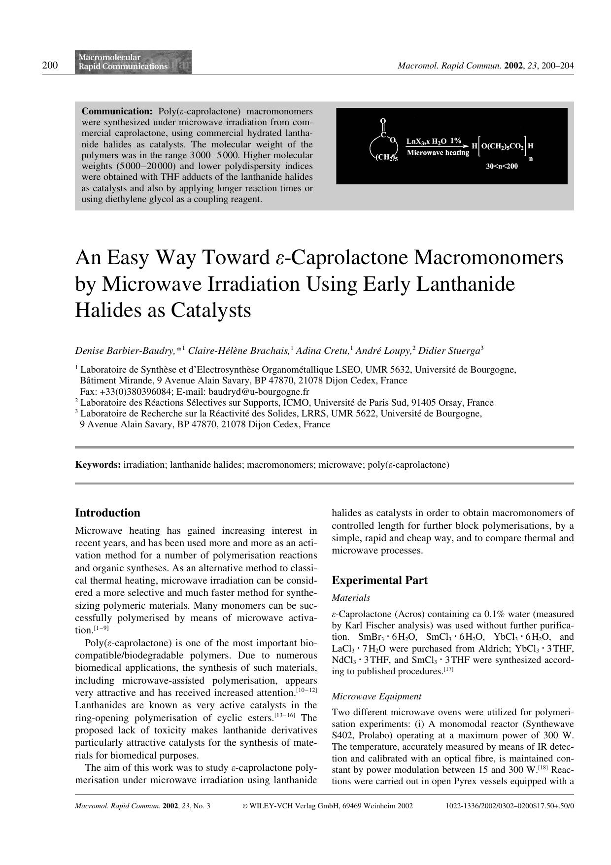 An Easy Way Toward [epsiv]-Caprolactone Macromonomers by Microwave Irradiation Using Early Lanthanide Halides as Catalysts by Unknown