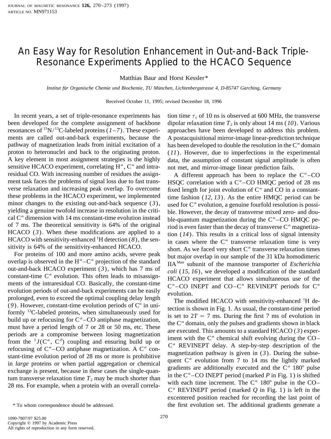 An Easy Way for Resolution Enhancement in Out-and-Back Triple-Resonance Experiments Applied to the HCACO Sequence by Baur M. et al