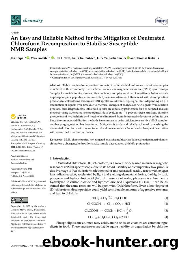An Easy and Reliable Method for the Mitigation of Deuterated Chloroform Decomposition to Stabilise Susceptible NMR Samples by Jan Teipel Vera Gottstein Eva Hölzle Katja Kaltenbach Dirk W. Lachenmeier & Thomas Kuballa