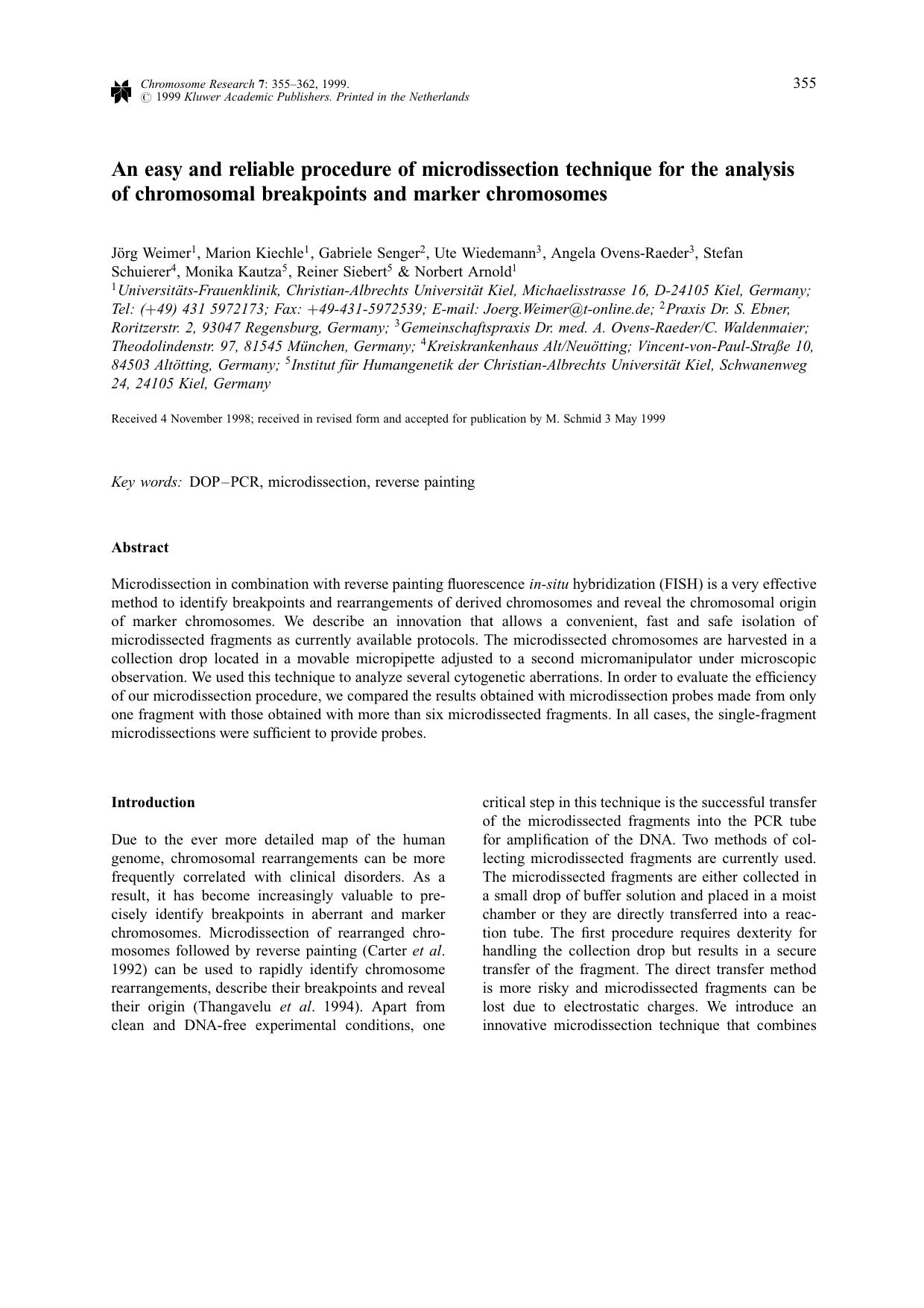 An Easy and Reliable Procedure of Microdissection Technique for the Analysis of Chromosomal Breakpoints and Marker Chromosomes by Unknown