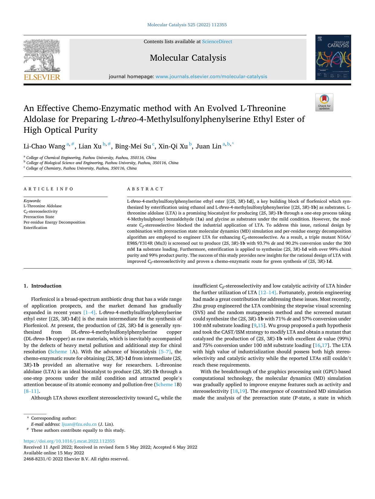 An Effective Chemo-Enzymatic method with An Evolved L-Threonine Aldolase for Preparing L- threo -4-Methylsulfonylphenylserine Ethyl Ester of High Optical Purity by Li-Chao Wang