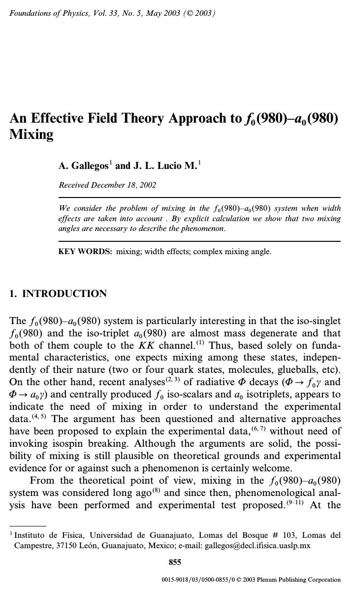 An Effective Field Theory Approach to <Emphasis Type="Italic">f<Emphasis> <Subscript>0<Subscript>(980)–<Emphasis Type="Italic">a<Emphasis> <Subscript>0<Subscript>(980) Mixing by Unknown