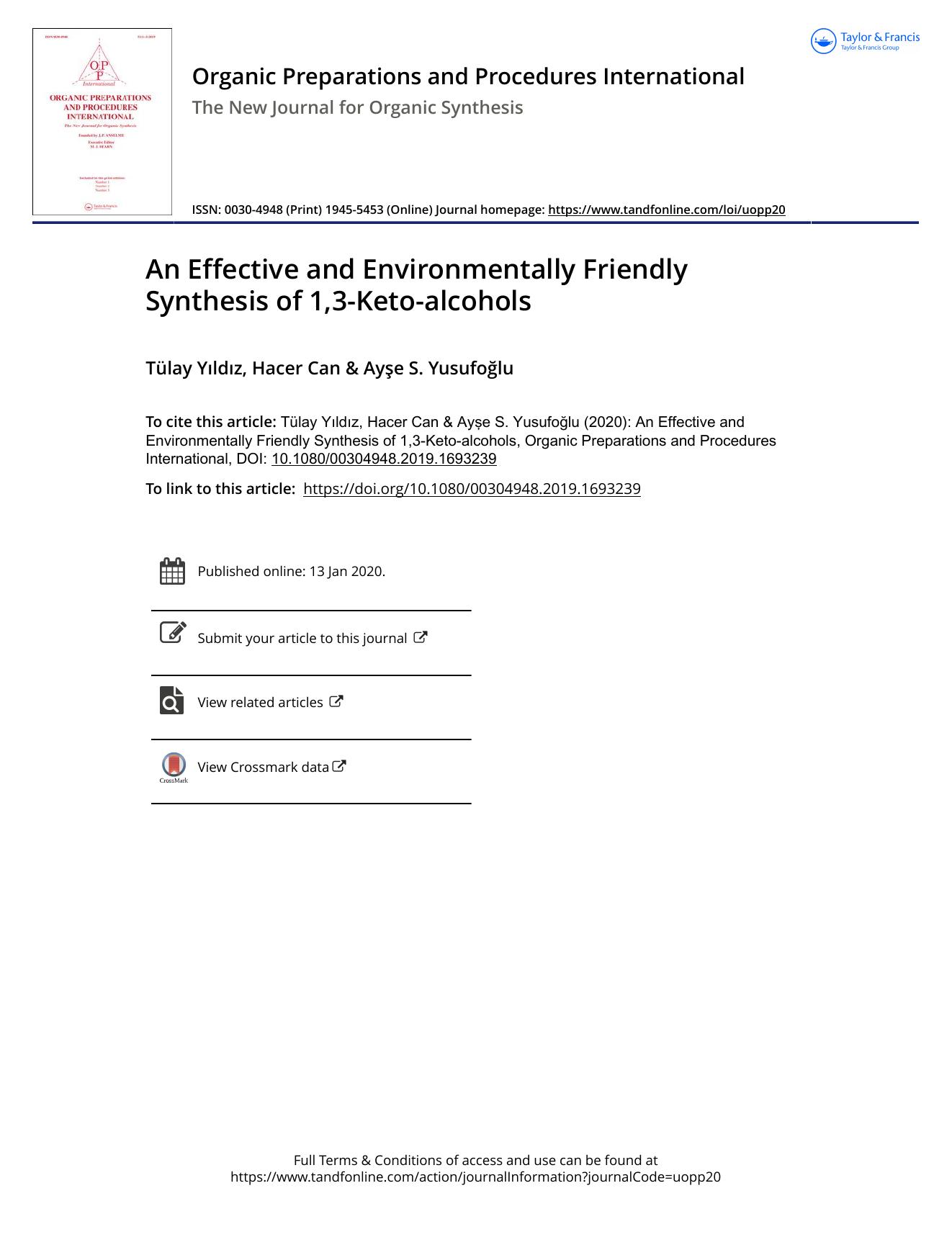 An Effective and Environmentally Friendly Synthesis of 1,3-Keto-alcohols by Yıldız Tülay & Can Hacer & Yusufoğlu Ayşe S