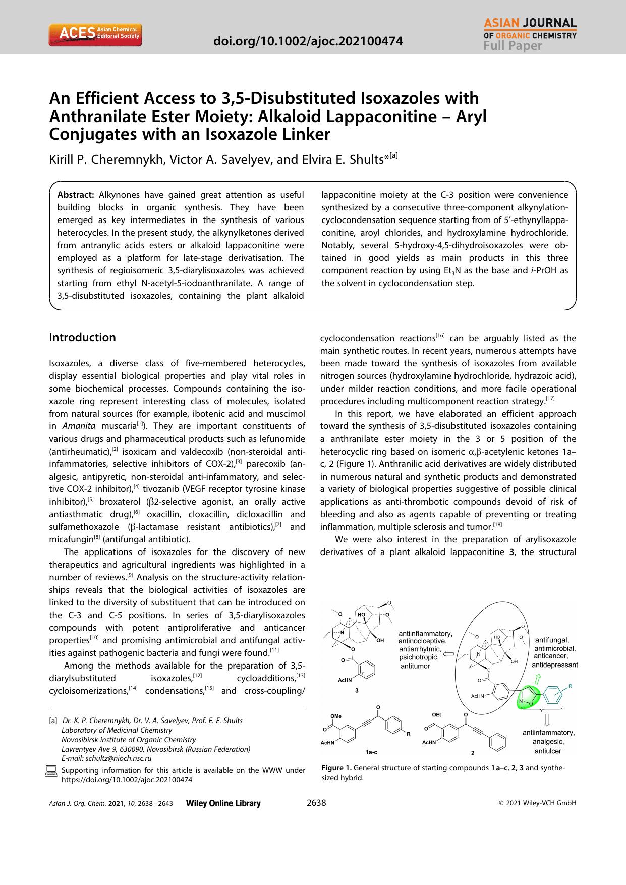 An Efficient Access to 3,5âDisubstituted Isoxazoles with Anthranilate Ester Moiety: Alkaloid Lappaconitine â Aryl Conjugates with an Isoxazole Linker by Unknown