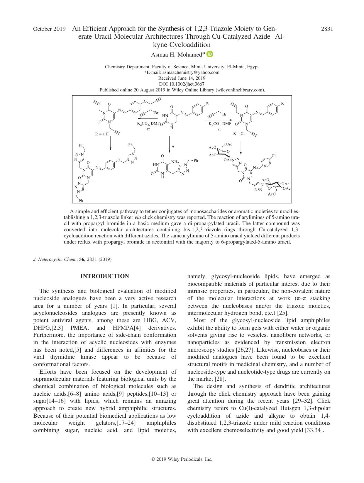 An Efficient Approach for the Synthesis of 1,2,3âTriazole Moiety to Generate Uracil Molecular Architectures Through CuâCatalyzed AzideâAlkyne Cycloaddition by Asmaa H. Mohamed