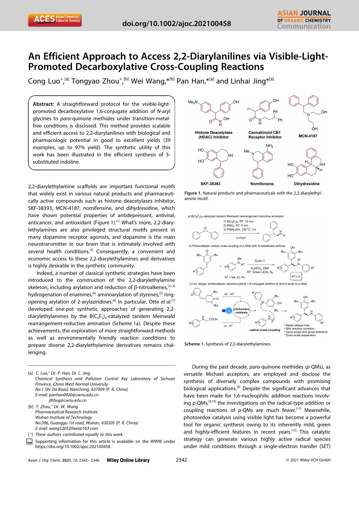 An Efficient Approach to Access 2,2âDiarylanilines via VisibleâLightâPromoted Decarboxylative CrossâCoupling Reactions by Unknown