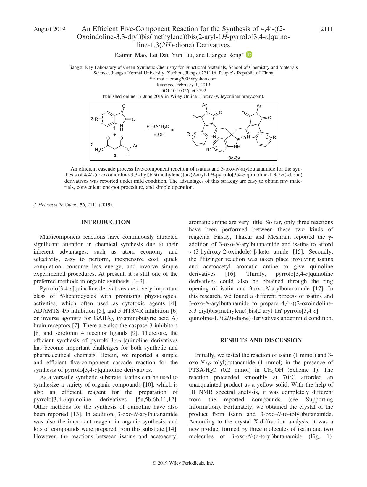 An Efficient Five-Component Reaction for the Synthesis of 4,4-((2-Oxoindoline-3,3-diyl)bis(methylene))bis(2-aryl-1H-pyrrolo[3,4-c]quinoline-1,3(2H)-dione) Derivatives by Kaimin Mao Lei Dai Yun Liu Liangce Rong