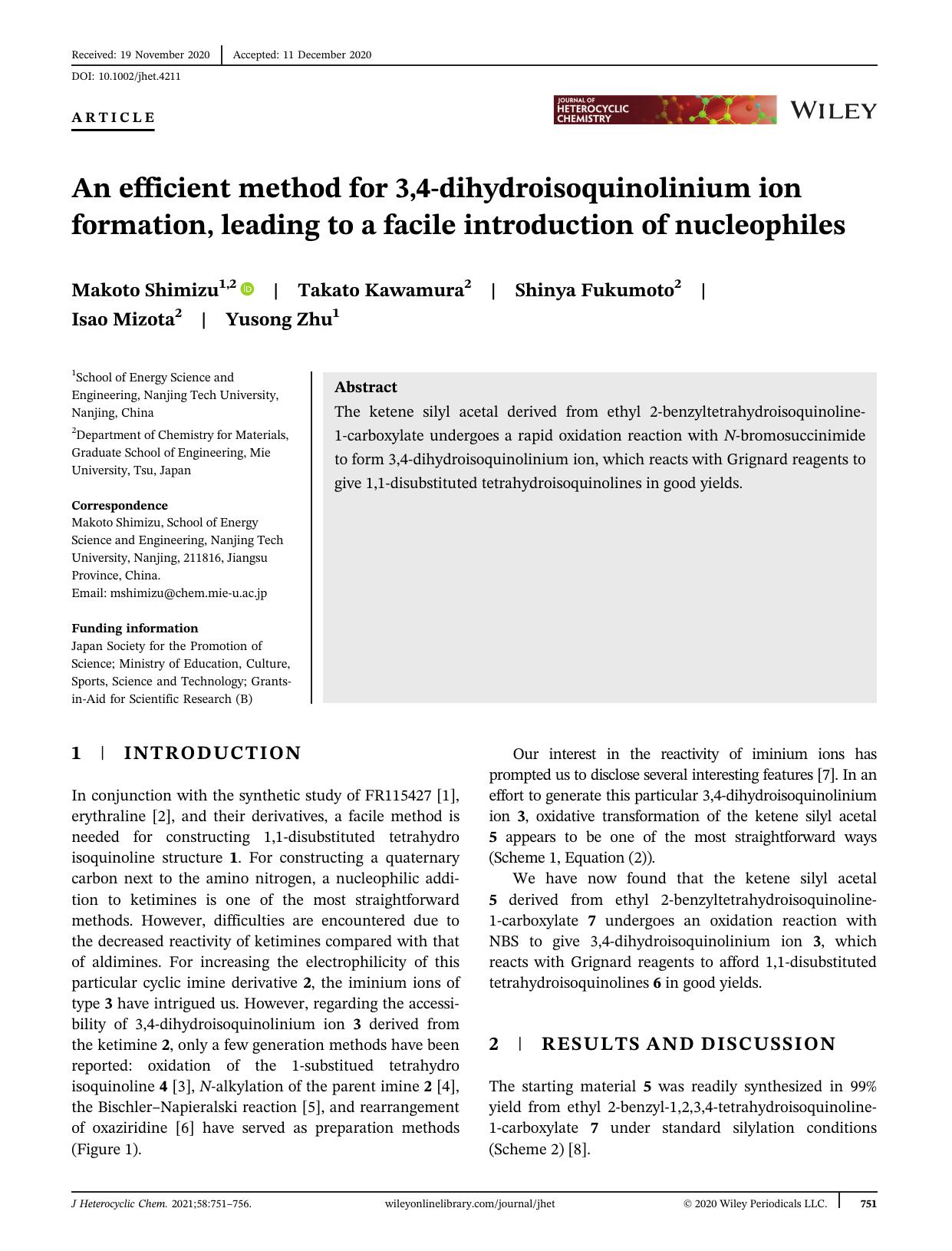 An Efficient Method for 3,4-Dihydroisoquinolinium Ion Formation, Leading to a Facile Introduction of Nucleophiles by Unknown