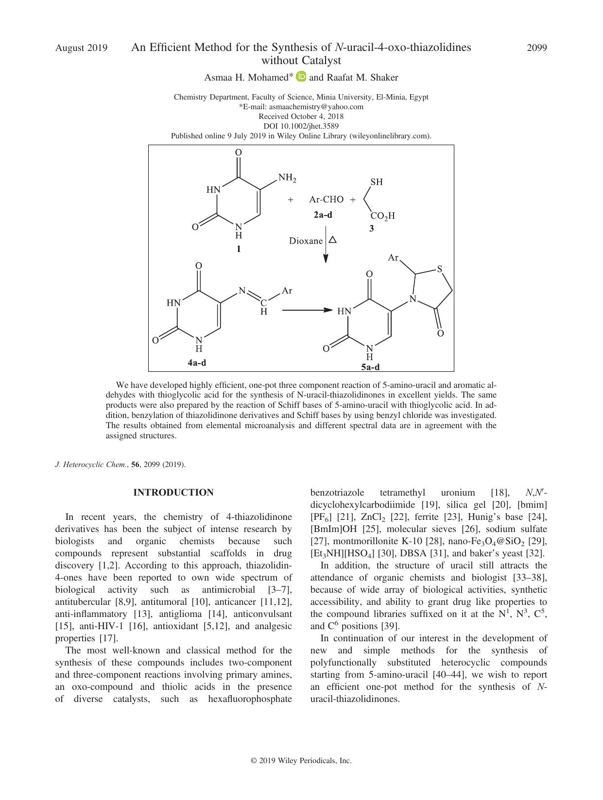 An Efficient Method for the Synthesis of N-uracil-4-oxo-thiazolidines without Catalyst by Asmaa H. Mohamed & Raafat M. Shaker