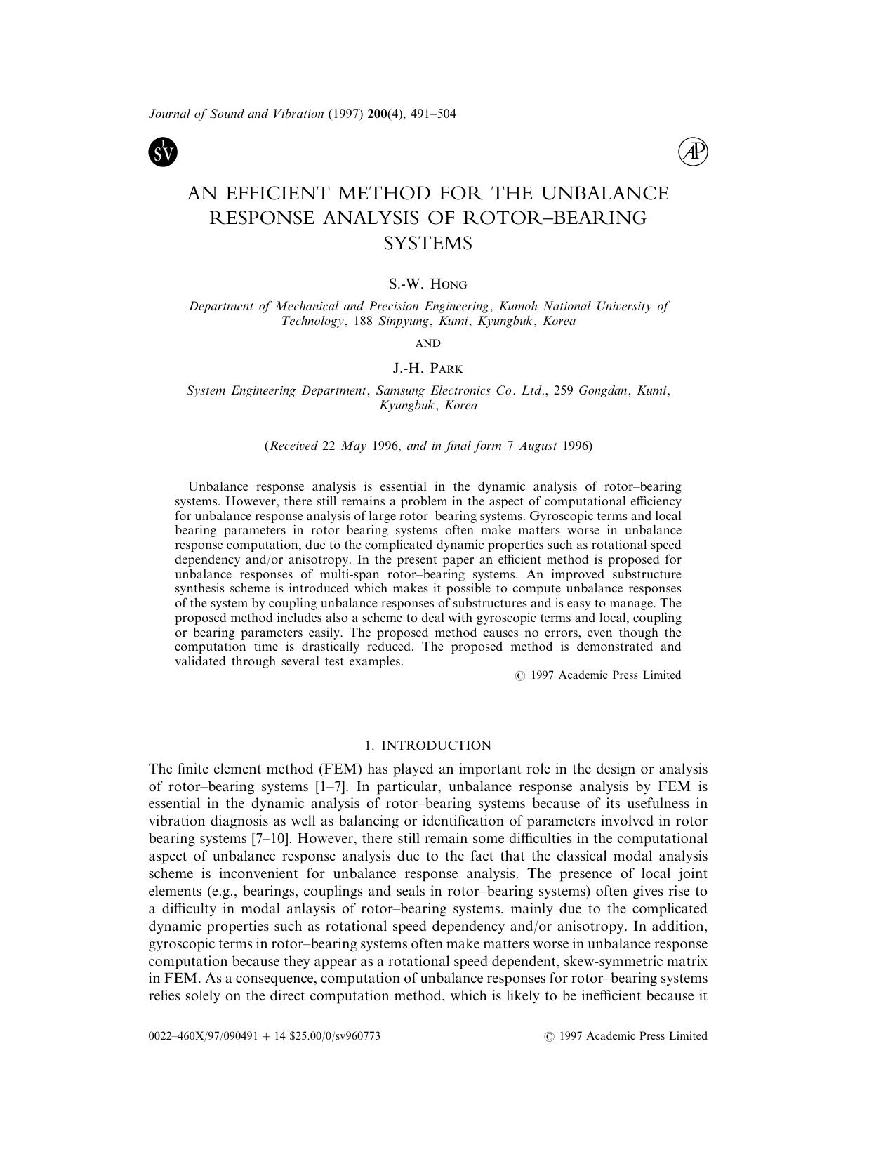 An Efficient Method for the Unbalance Response Analysis of Rotor-Bearing Systems by Hong S.-W. & Park J.-H