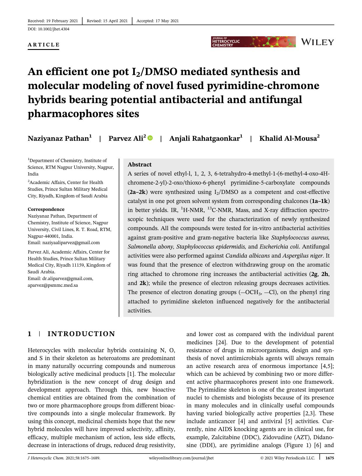 An Efficient One Pot I2DMSO Mediated Synthesis and Molecular Modelling of Novel Fused Pyrimidine-Chromone Hybrids Bearing Potential Antibacterial and Antifungal Pharmacophores Sites by Unknown