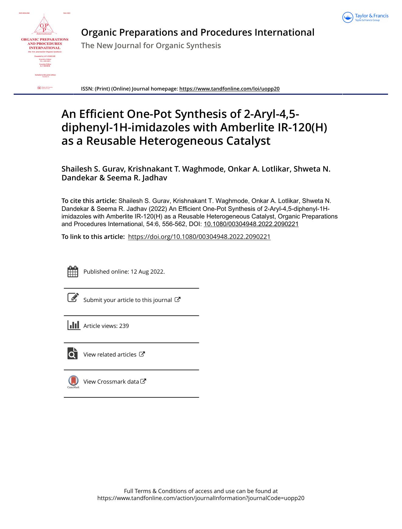 An Efficient One-Pot Synthesis of 2-Aryl-4,5-diphenyl-1H-imidazoles with Amberlite IR-120(H) as a Reusable Heterogeneous Catalyst by unknow